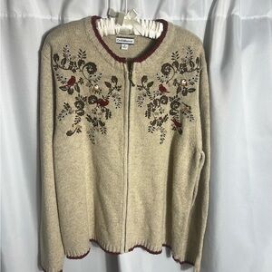 Croft & Barrow Womens Cardinal Sweater Tan Full Zip Embroidered Birds Size XL